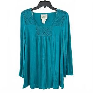 Vintage Nurture Boho Whimsy Teal Square Neck Crochet Boho Top- Sz Medium